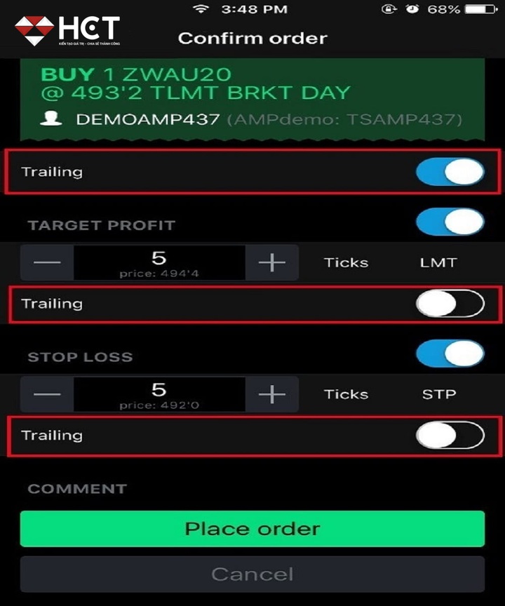 Đặt lệnh Trailing trên cqg